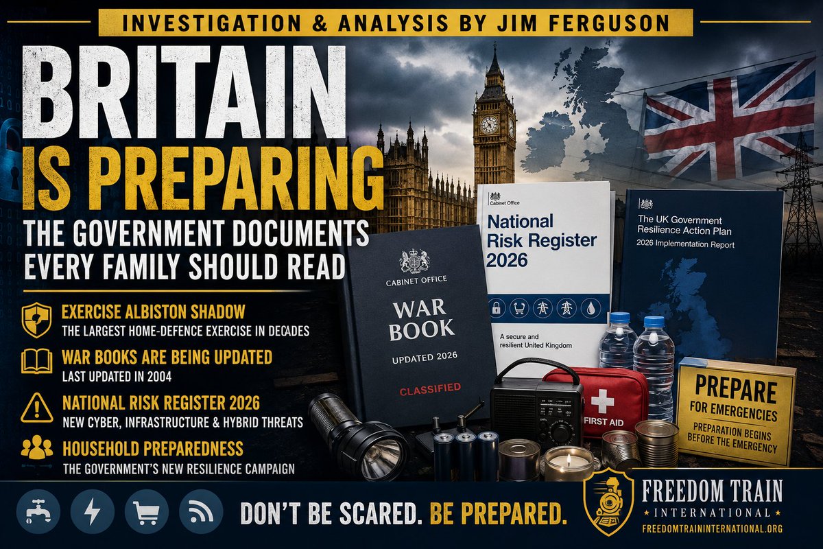 JimFergusonUK's tweet photo. https://t.co/QV3xiQBCXm

🚨🇬🇧BRITAIN IS PREPARING.

Something significant is happening inside Britain's national-security machinery.

The Government is preparing the largest UK home-defence exercise in decades.

Britain's classified WAR BOOKS are being updated — having last been updated in 2004.

The National Risk Register has been expanded to include new cyber, infrastructure and digital threats.

Military and civilian authorities are preparing for hybrid attacks against the United Kingdom.

And the Government is preparing a national campaign encouraging ordinary British households to become more resilient and prepare for emergencies.

These are not rumours.

They are contained in the Government's own documents.

And now a cyberattack has succeeded in taking a small British electricity generator offline for several days — with reporting attributing the attack to Iran-linked hackers.

None of this proves that war is coming.

It does not prove the Government knows an attack is imminent.

But it raises a question every British citizen deserves an answer to:

WHAT EXACTLY IS BRITAIN PREPARING FOR?

I have gone through the Government documents, the National Risk Register, Britain's Resilience Action Plan, the War Books programme and the plans for EXERCISE ALBISTON SHADOW.

What I found deserves your attention.

Read my full investigation below. ↓

DON'T BE SCARED. BE PREPARED.
