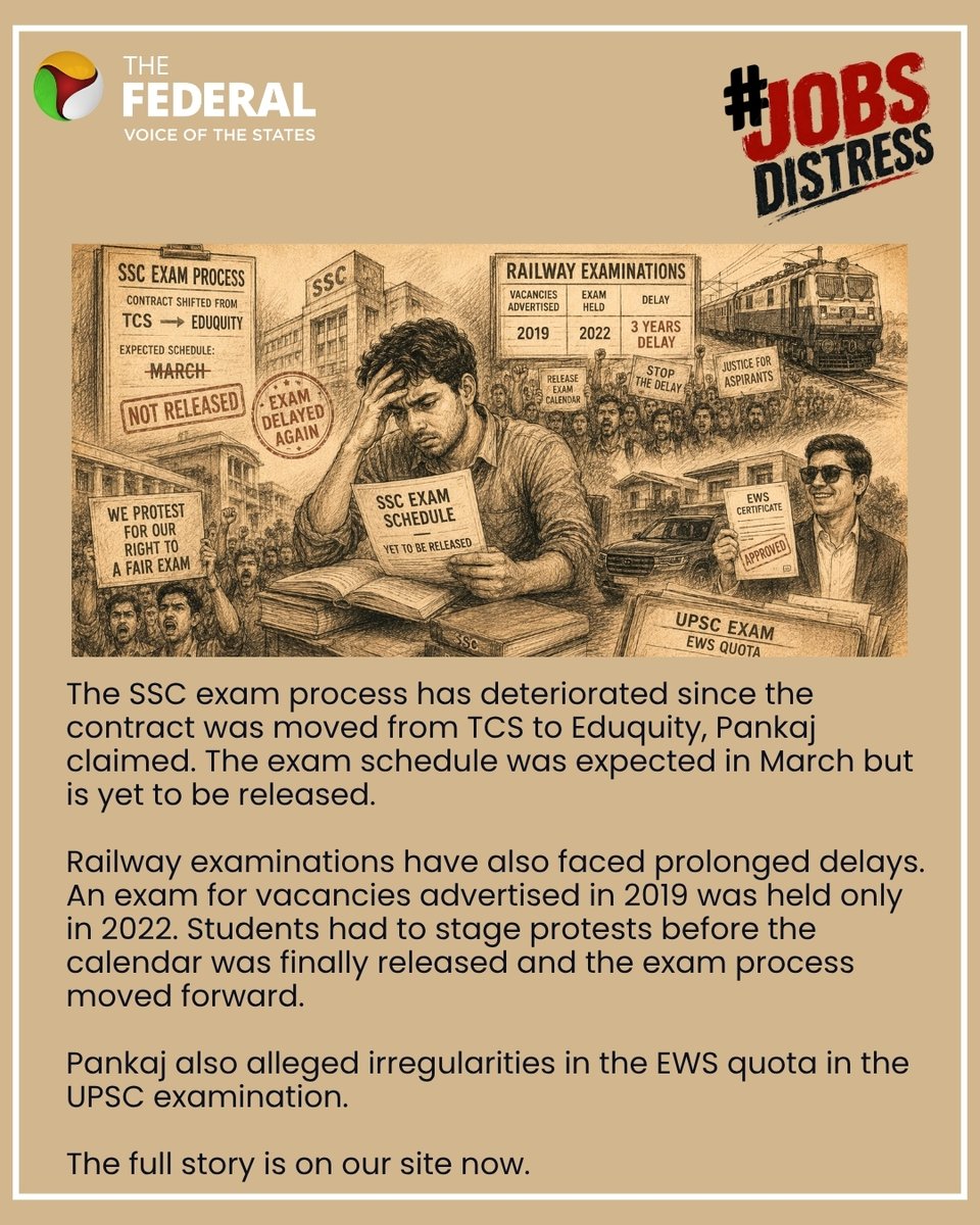 TheFederal_News's tweet photo. Job Distress | For youngsters from Hindi belt, government job dream comes at steep cost as paper leaks, exam delays, scarce vacancies and alleged irregularities derail careers, writes Abhishek Rawat.
Read more: https://t.co/cocjAITrQG
#Delhi #GovernmentJobs #JobDistress #PaperLeaks #UPSC #SSC #YouthEmployment #CompetitiveExams