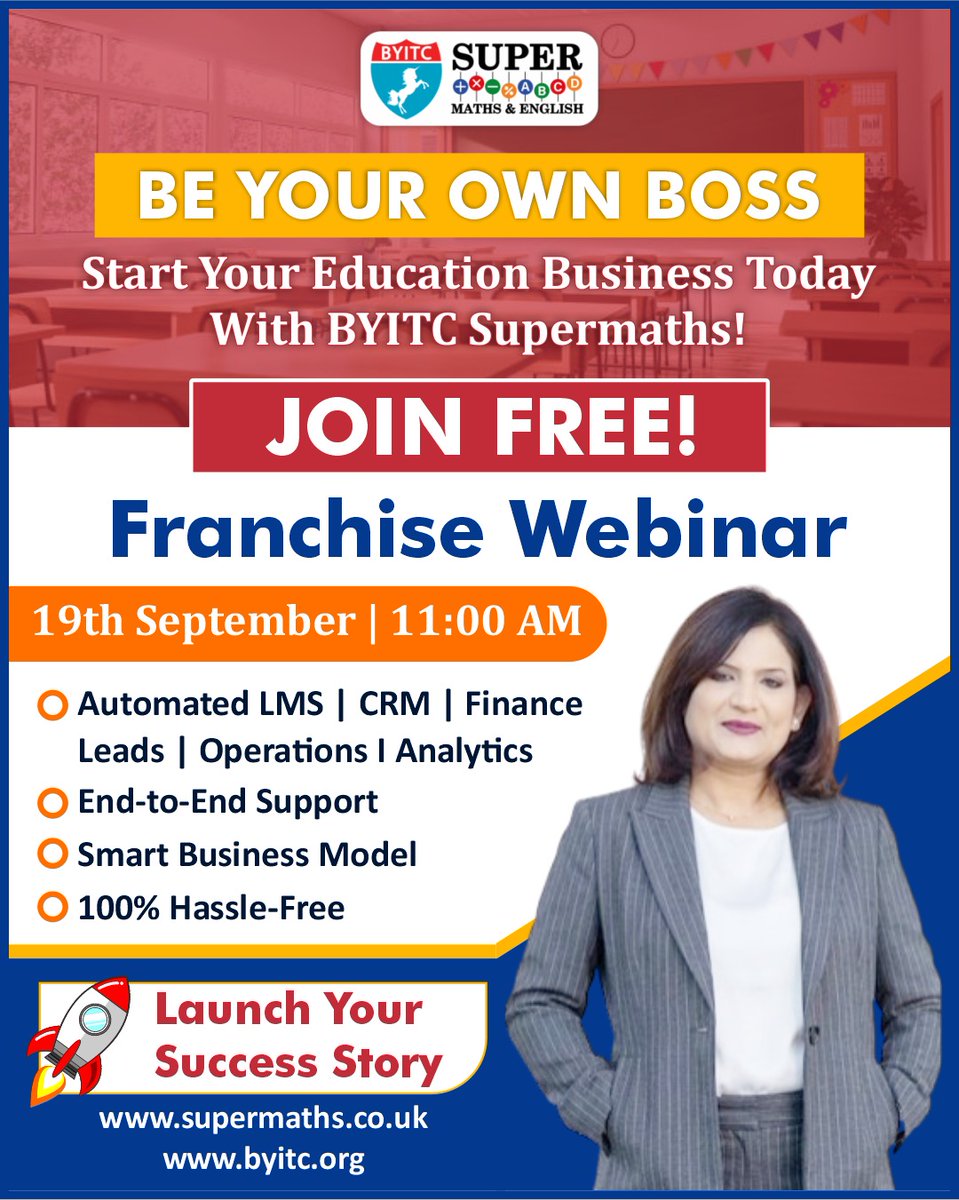 Byitc_Supermath's tweet photo. π Be Your Own Boss with BYITC Supermaths! Join our FREE Franchise Webinar on 19 Sept, 11 AM. π― Launch your education business with smart, scalable support.
π https://t.co/0WK40uCFce
#BYITC
#Supermaths
#BeYourOwnBoss
#EducationBusiness
#FranchiseOpportunity
#Franchise https://t.co/D2RCpU9nVA
