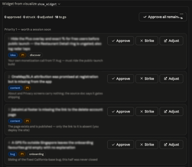 ktzyy_'s tweet photo. really like the widgets function in claude - I basically have a prioritization board in-session without using another tool/connector as I stack-rank user feedback https://t.co/k3ReYseVHZ