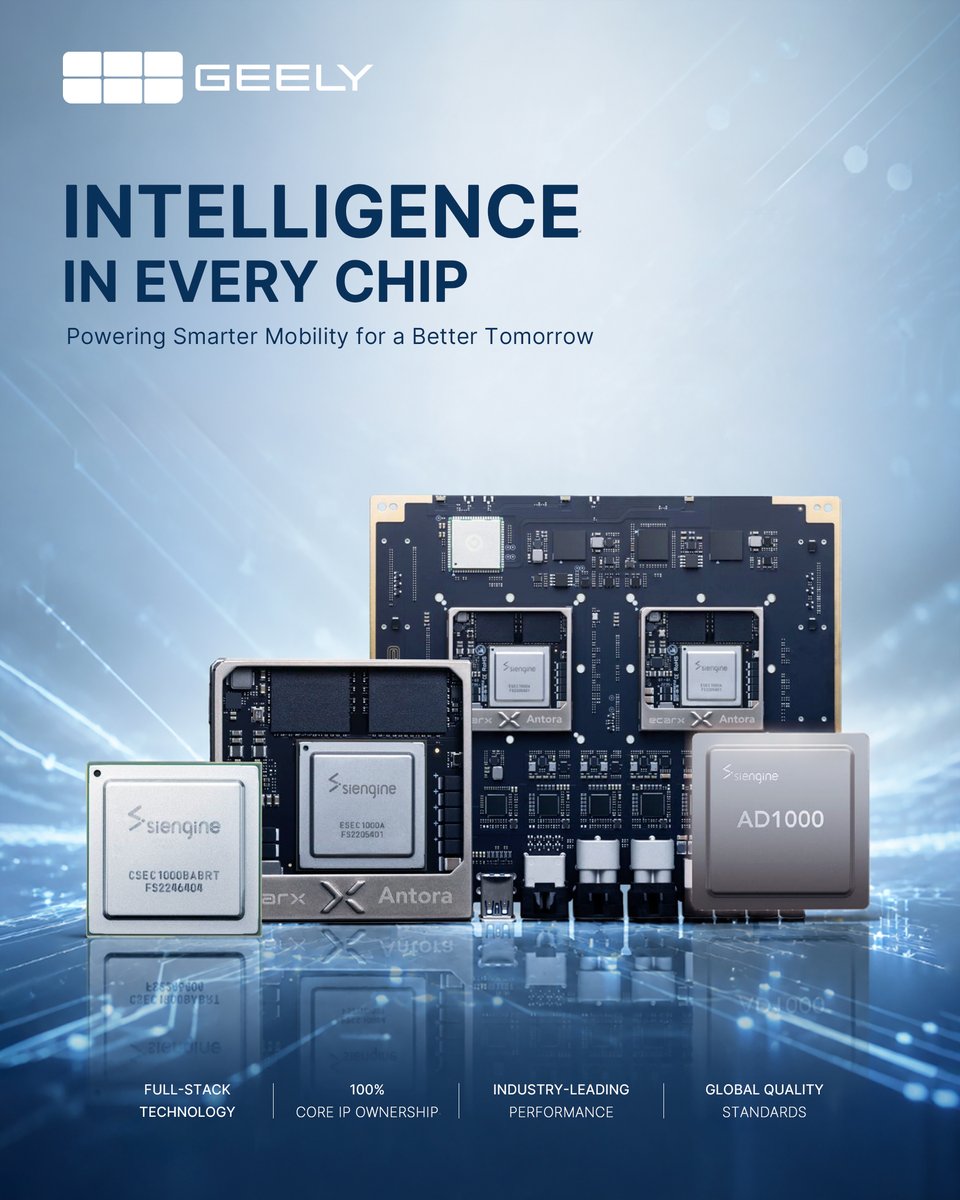 GeelyAutoCanada's tweet photo. Big intelligence can come in a tiny package. ⚡
Geely chips are powering the next move in smart mobility.

#Geely #GeelyTech #SmartMobility #GeelyAutoCanada https://t.co/C5fQOtHIFV