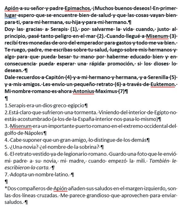 emilio_delrio's tweet photo. "Espero q estéis bien"
El joven egipcio Apión, II dC, envía a su padre Epimachos esta carta al llegar a Italia con un retrato suyo de legionario romano (guardo una foto de mi padre a mi madre al empezar la mili)
Está en griego, la lengua de esa zona del Imperio
Es enternecedora https://t.co/utLUG95stx