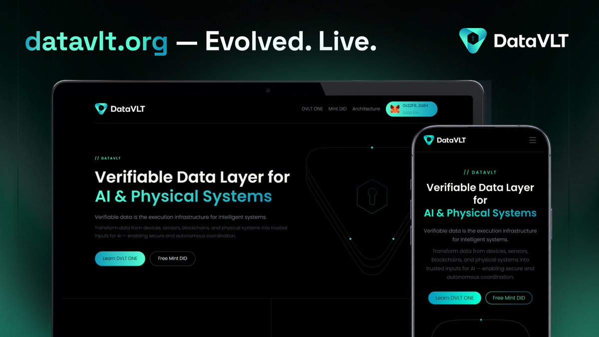 DataVLTAI's tweet photo. A new chapter for #DataVLT begins.
Our brand upgrade is now complete โ bringing a clearer vision, stronger product foundation, and a unified ecosystem across AI, Web3, IoT, identity, and verifiable real-world data.
The next phase starts here. ๐๐ป https://t.co/zVpUEFtn2j