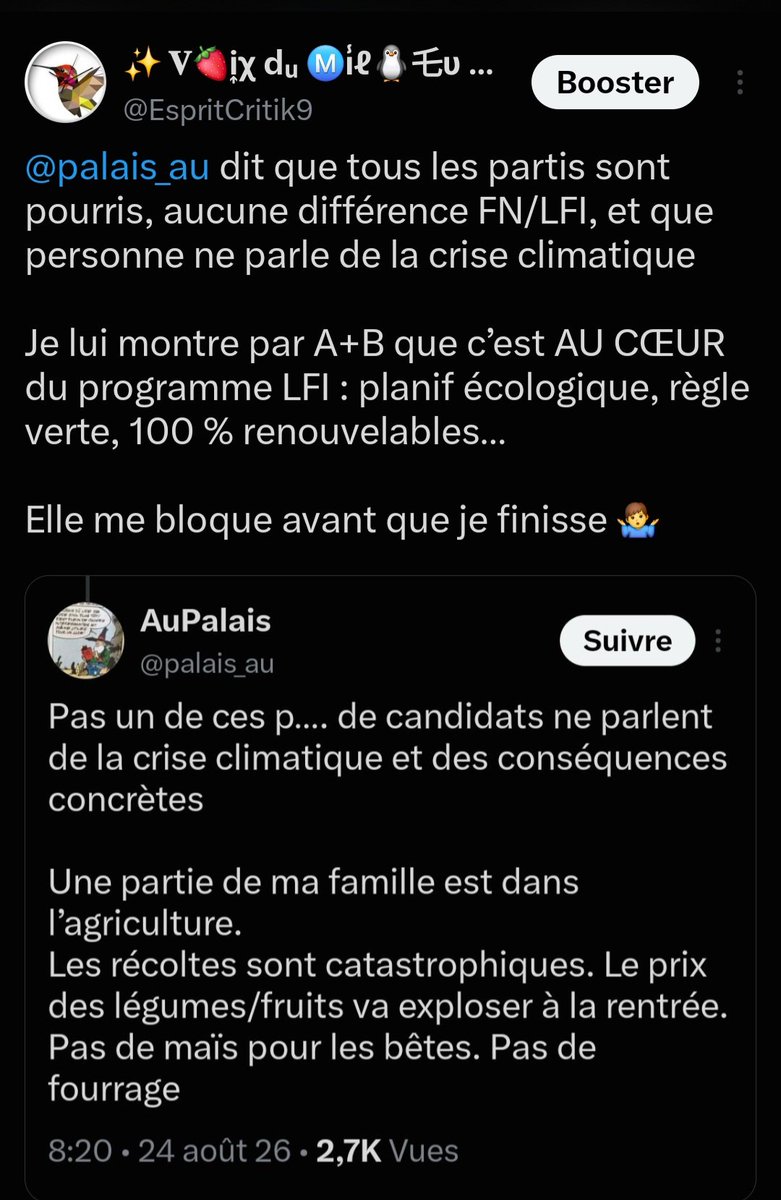 RorschCat's tweet photo. @palais_au Pourquoi avoir bloqué le compte @EspritCritik9 qui avait commencé à vous démontrer que la crise climatique était au coeur du programme insoumis ?

Le débat d'idée est possible seulement s'il va dans votre sens ? https://t.co/HFu60m3ZH4