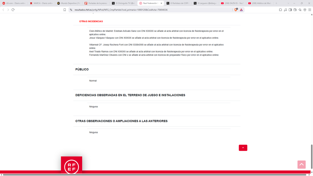 Juakynen's tweet photo. Este es el acta del @Atleti @VillarrealCF donde el cagón de Hernández Hernández no puso en el acta los insultos a Cataluña, al Barça ni a Julian. @rfef @cta https://t.co/SHe40olhUz