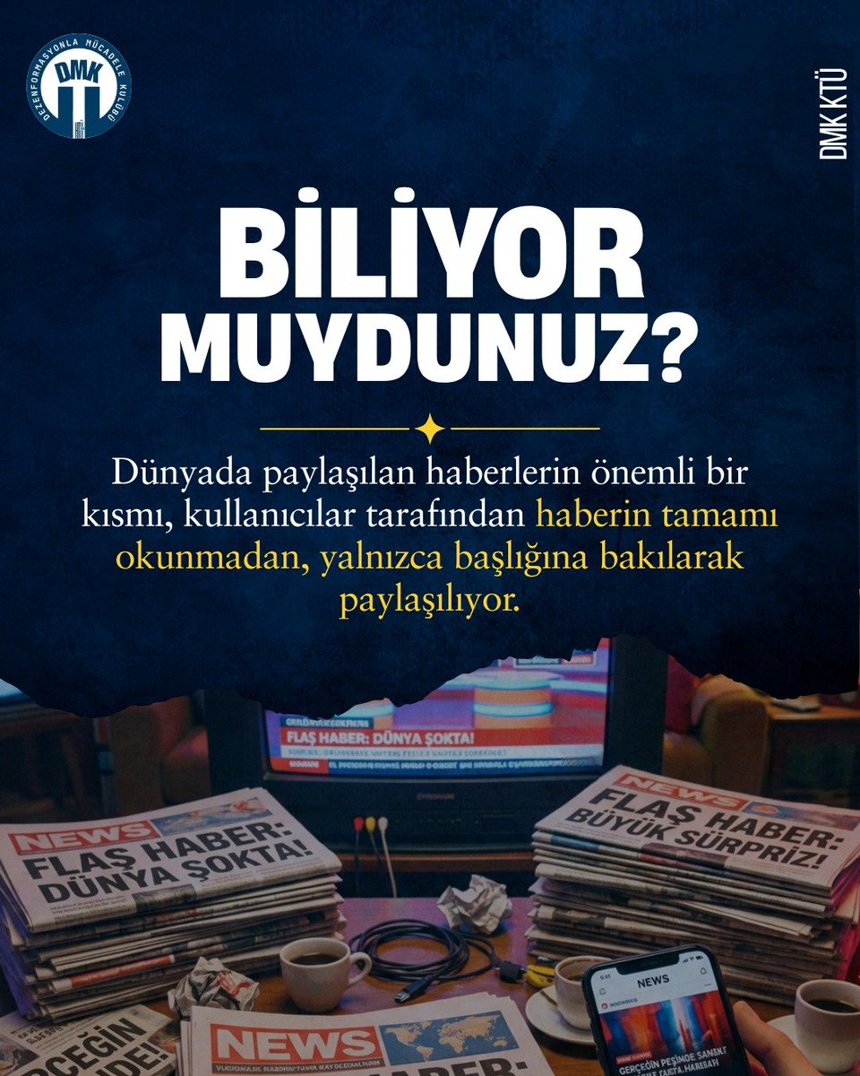 ktudmk's tweet photo. 📰 Bir haberi paylaşmadan önce gerçekten okuyor muyuz?

#DezenformasyonlaMücadeleKulübü #Dezenformasyon #MedyaOkuryazarlığı #DijitalOkuryazarlık #DoğruBilgi @iletisim @dmmiletisim https://t.co/VAhk6CWsSE