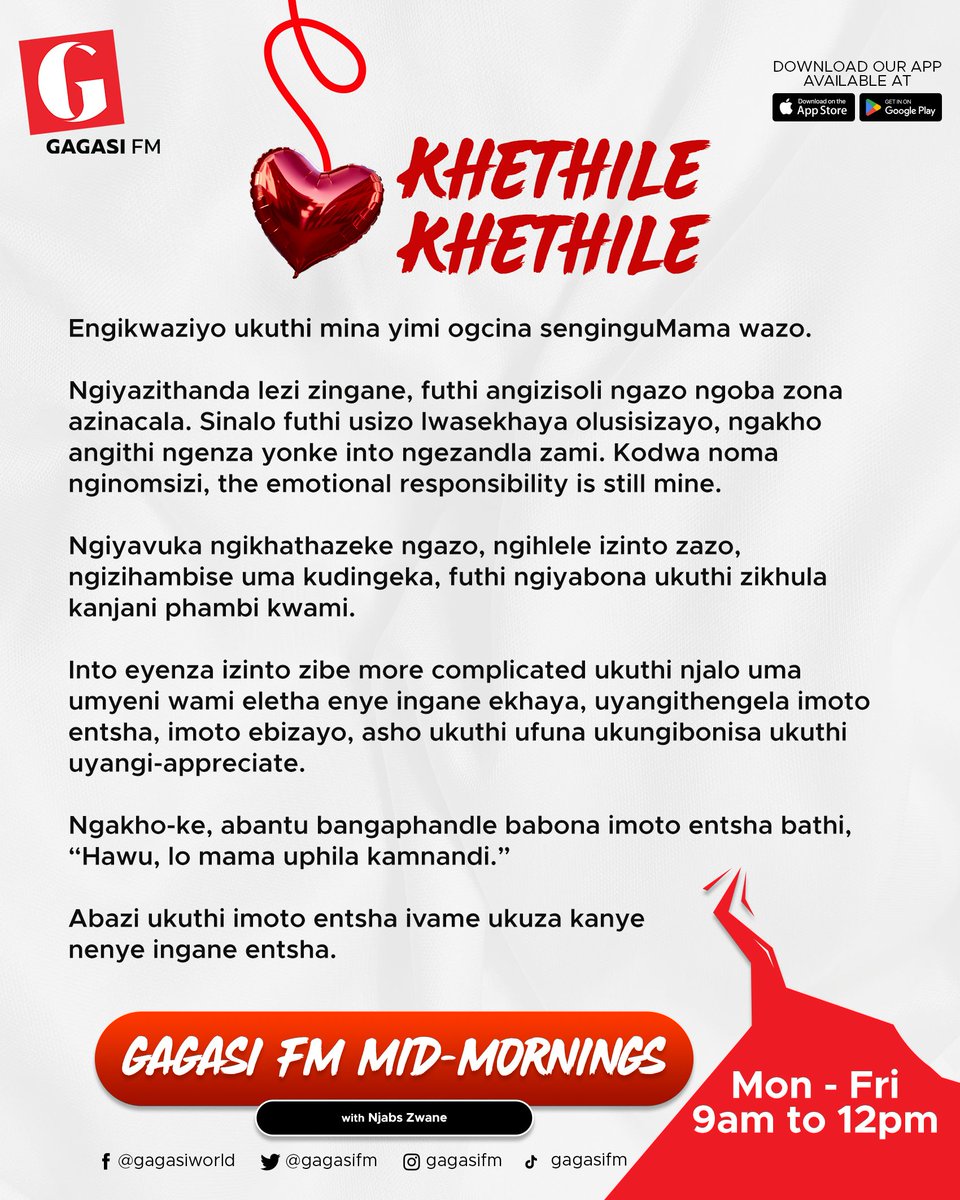 gagasifm's tweet photo. "Imoto entsha ivame ukuza kanye nenye ingane entsha." 💔

Our 38-year-old listener has been married for 12 years. She cannot have children of her own, but her wealthy husband has brought three children from three different women into their home for her to raise. Each time he brings a child, he buys her a brand-new luxury car to "show appreciation."

Now, child number four is on the way, and she has finally said "NO." He thinks money and help around the house are enough, but she is emotionally drained. Is she wrong for refusing to be a "mother" to another one of his outside children? 🧐💬 

☎️: 0861596596
📱: Send a Voice Note via our Mobile App
🌐: Stream online: https://t.co/2t6dvpbv7w
📲: Listen via the Gagasi FM App

#KhethileKhethile
#GagasiFMMidMornings
#GagasiFM
#TheSoundOfKZN