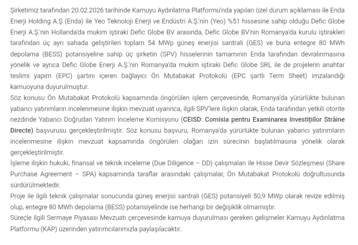 PiyasaOttoman's tweet photo. 🔴 Enda Enerji, YEO Teknoloji’nin %51 hissesine sahip olduğu Defic Globe’un Romanya’daki 50,9 MWp GES ve 80 MWh BESS projelerinin devralınması için CEISD başvurusu yaptı.

#ENDAE #YEOTK https://t.co/CQpGYXMGzs