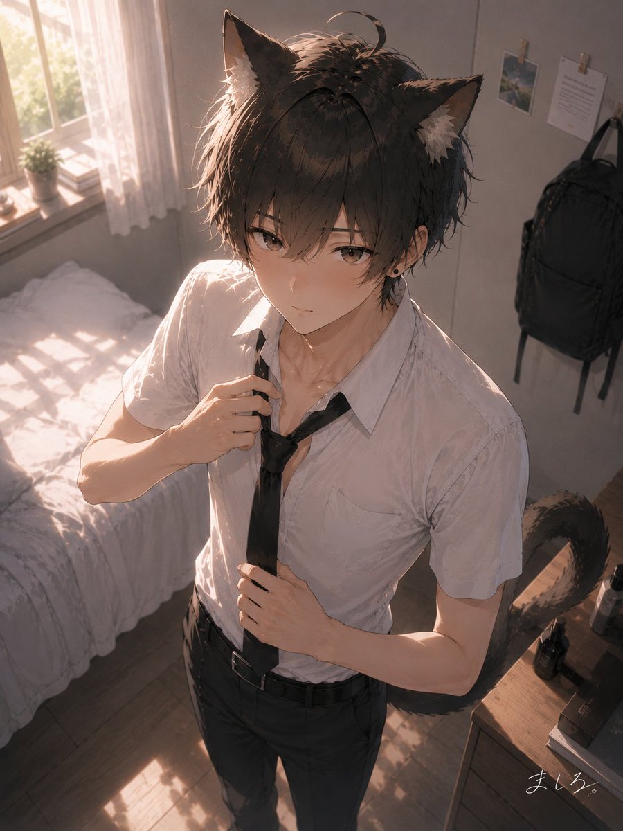 yurutanofficial's tweet photo. Rui: “...Almost ready. Just gotta fix my tie.” 💜
#Yurutan #AnimeArt #AIart #Catboy https://t.co/fTCB7Dy3H8