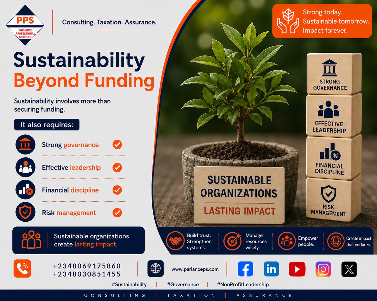 ParlancePS's tweet photo. Sustainability involves more than securing funding.
It also requires:
✓ Strong governance
 ✓ Effective leadership
 ✓ Financial discipline
 ✓ Risk management
Sustainable organizations create lasting impact.
#Sustainability #Governance #NonProfitLeadership https://t.co/CVpHr8ITnh