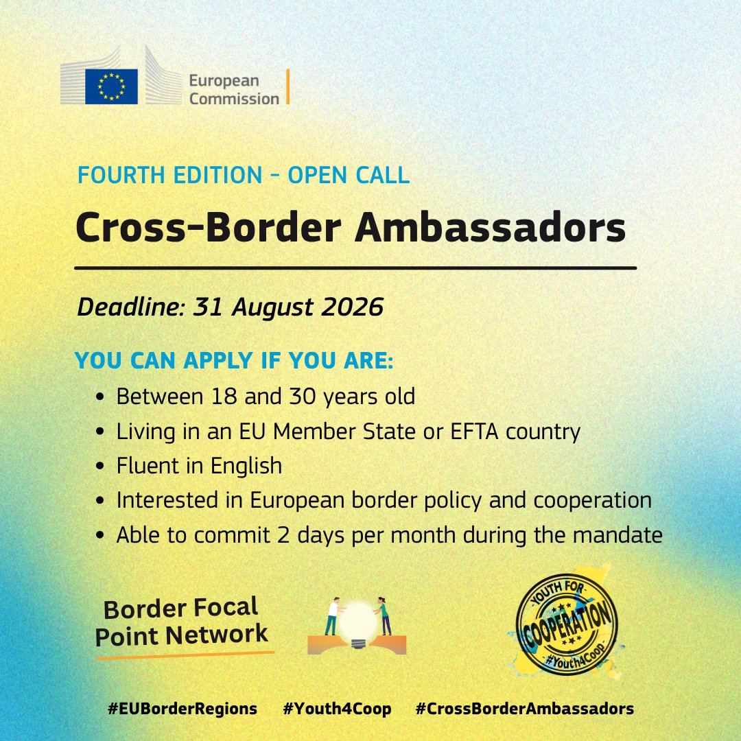 RegioInterreg's tweet photo. ⏳ One week left to apply for #CrossBorderAmbassadors 2026–2027! Aged 18–30 in an EU or EFTA country? Don't miss it. #EUBorderRegions  👉 https://t.co/kejftsUXBy https://t.co/I4TWNvb7MC