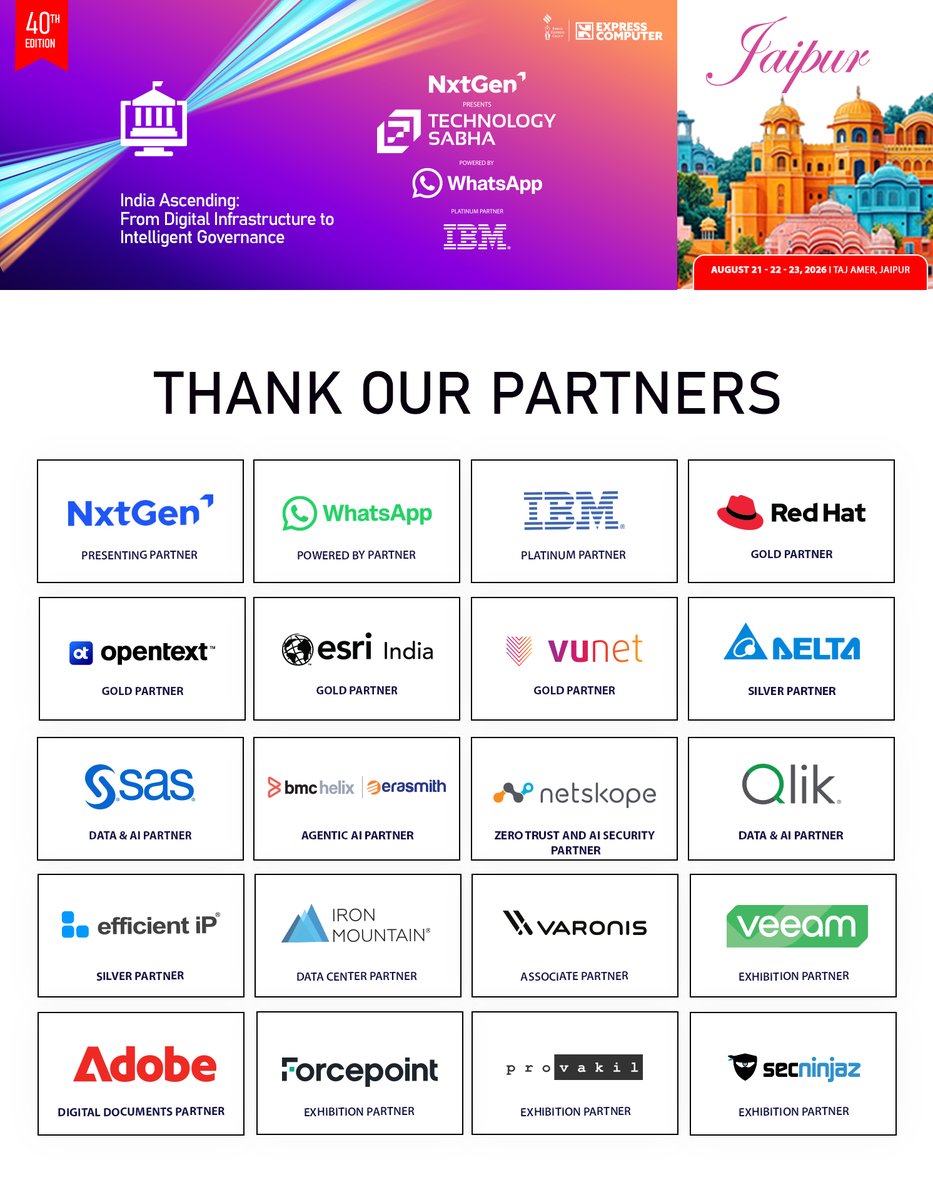 ExpComputer's tweet photo. We thank our Partners for extending their support in making the #TechSabha 2026 - A Grand Success!
PRESENTING Partner: #Nxtgen Cloud Technologies
POWERED BY Partner: @Meta
PLATINUM Partner: @IBM
GOLD Partner: @RedHat | @OpenText | @EsriIndia | @vunetsystems
DATA & AI Partner: @sasindia | @qlik
AGENTIC AI Partner: @BMCHelix - @infoErasmith
ZERO TRUST AND AI SECURITY Partner: @Netskope
DATA CENTER Partner: @IronMountain
ASSOCIATE Partner: @varonis
SILVER Partner: @DeltaElectIndia | @efficientip
DIGITAL DOCUMENTS Partner: @Adobe
EXHIBITION Partner: @Veeam | @ForcepointSec | @provakil | @Secninjaz_tech
@AparnaTawade @srikrp @NivedanPrakash @H_Y_DESAI @Prabhasjha3110