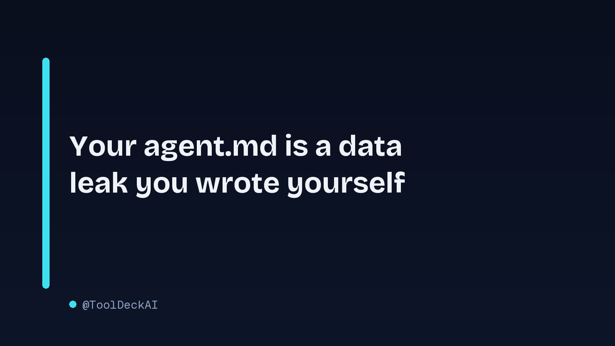 ToolDeckAI's tweet photo. Everyone's sharing their agent.md these days, but nobody asks what's actually in yours. Fabien's file is great for code. Thing is, when you feed it to a coding agent, you're also handing it to whoever runs the model. That's the part I never see anyone mention.

#LLM #ToolDeckAI https://t.co/csPCi7ojZ9