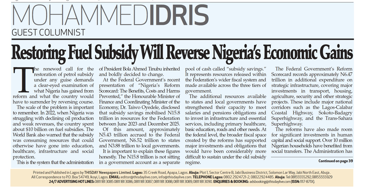 HMMohammedIdris's tweet photo. Nigeria cannot build tomorrow’s economy by returning to yesterday’s unsustainable subsidy regime. We have moved beyond that model. 

President @officialABAT and his administration will continue working to translate the bold fiscal reforms into improved living standards, stronger public services, and greater economic opportunities for the Nigerian people.
https://t.co/F7SAcihiQ6