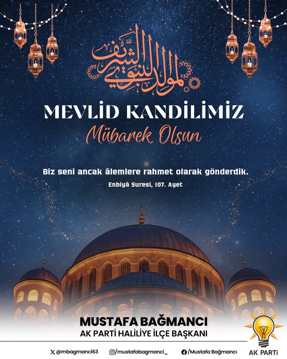 mbagmanci63's tweet photo. Âlemlere rahmet olarak gönderilen Peygamber Efendimiz Hz. Muhammed’in (S.A.V.) dünyayı teşrifini müjdeleyen Mevlid Kandilimiz mübarek olsun.

Bu mübarek gecenin Haliliye’mize, Şanlıurfa’mıza, aziz milletimize ve tüm İslam âlemine sağlık, huzur, birlik ve kardeşlik getirmesini Cenab-ı Allah’tan niyaz ediyorum.

Rabbim dualarımızı kabul, kandilimizi hayırlara vesile eylesin. Hayırlı Kandiller.

#MevlidKandili