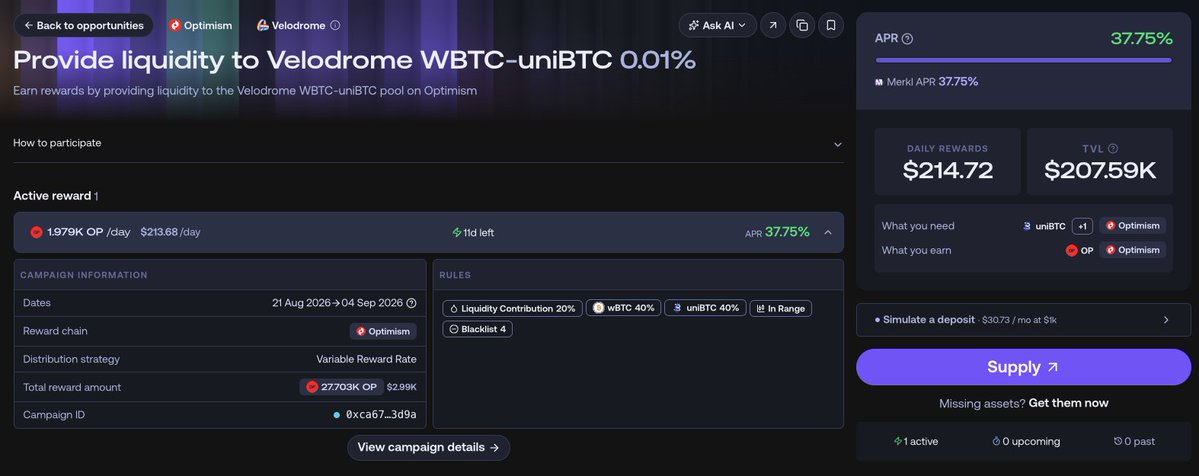 Bedrock_DeFi's tweet photo. 💦 37.75% APR on your BTC? Yes, please.

Phase 1 is live on @VelodromeFi streaming ~1,979 $OP daily to uniBTC / WBTC LPs via @merkl_xyz

• TVL: $207K
• Rewards: ~1.98k OP/day
• Time Remaining: 11 Days

Make Bitcoin Productive 👇 
https://t.co/LwRYDZ4JJh https://t.co/7noFi6Mk1m