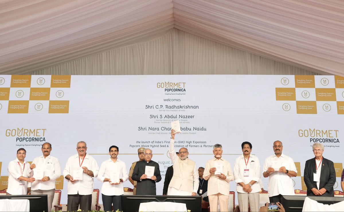 VPIndia's tweet photo. Vice President Shri C. P. Radhakrishnan today launched India’s first non-GMO, high-expansion popcorn maize hybrid seed, developed by Gourmet Popcornica, at Musunuru in Andhra Pradesh, calling it a significant step towards Aatmanirbhar Bharat in agriculture.

He highlighted the importance of technology, innovation and indigenous seed development in reducing import dependence and strengthening farmers’ incomes.

He emphasised that Aatmanirbhar Bharat will be built from the ground, from the soil of our farmers, the seeds perfected by our scientists and entrepreneurs, and self-reliance strengthened acre by acre.

Governor of Andhra Pradesh Shri S. Abdul Nazeer, Chief Minister Shri N. Chandrababu Naidu, and other dignitaries were present on the occasion.