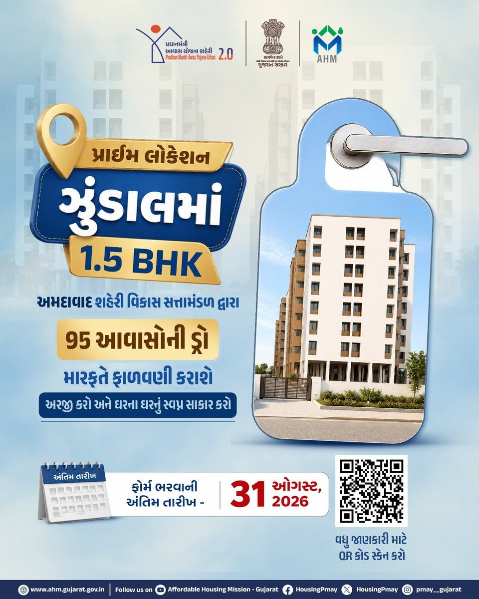 HousingPmay's tweet photo. પ્રાઈમ લોકેશન ઝુંડાલમાં સાકાર કરો ઘરના ઘરનું સ્વપ્ન...

અમદાવાદ શહેરી વિકાસ સત્તામંડળ દ્વારા 95 આવાસોની ડ્રો મારફતે ફાળવણી કરાશે

ફોર્મ ભરવાની અંતિમ તારીખ - 31 ઑગસ્ટ, 2026

[Pradhanmantri Aawas Yojana, Zundal, 2BHK, Home, Urban Homes]

#PMAYUrban2 #HousingForAll #WomenEmpowerment #AwasYojana #AffordableHousing