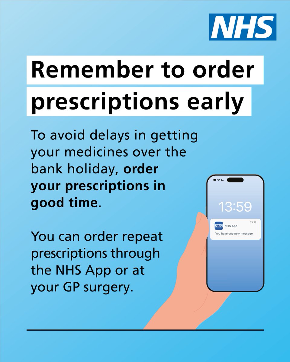 NHSuk's tweet photo. This bank holiday weekend, some NHS services may have different opening hours.

If you need urgent help, access NHS 111.