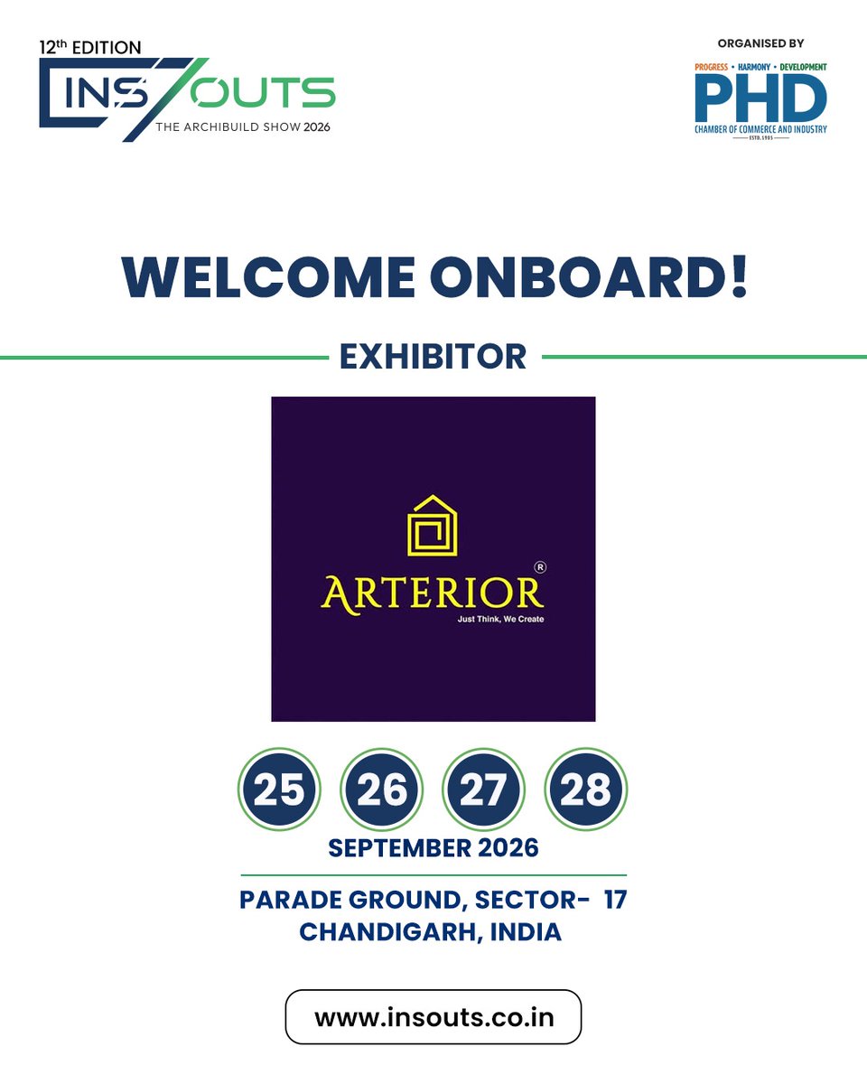 InsandOutsIndia's tweet photo. Welcome Arterior Onboard at the 12th Edition of INS/OUTS – The ArchiBuild Show 2026!
From ideas to inspiring spaces—experience the world of design and interiors at INS/OUTS 2026.
Explore: Arterior on Facebook
#INSOUTS2026 #INSOUTS #PHDCCI #ArchiBuildShow #Arterior https://t.co/TDP21LwY3e