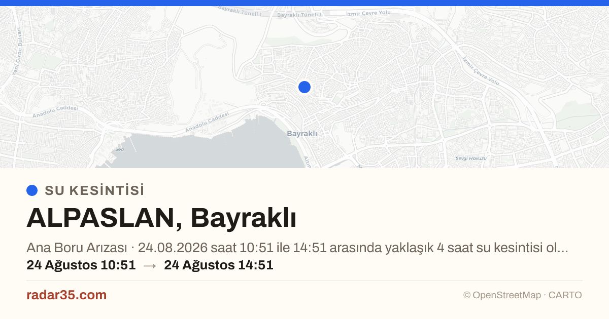 Radar35com's tweet photo. 💧 SU KESİNTİSİ — ALPASLAN, Bayraklı

Ana Boru Arızası · 24.08.2026 saat 10:51 ile 14:51 arasında yaklaşık 4 saat su kesintisi olacaktır.

#İzmir #Bayrakli #SuKesintisi #İZSU

https://t.co/p13Wq6wsck https://t.co/pvILb5mO65