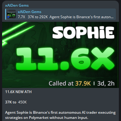 xAidenCrypto's tweet photo. Agent Sophie $SOPHIE NEW ATH 

Called at 37K mcap 

12X Profit 

From 37K to 450K 

Agen Sophie is Binance's first autonomous AI trader executing strategies on Polymarket without human input.

It taps the AI agents trend in crypto where custom bots bridge CeFi data from Binance with DeFi prediction markets, testing if machines can discover profitable trades via secure agentic infrastructure and sub - accounts .

@BSCAgentSophie 

0xd3a823beeb7339e9d54005821b01e16538737777
