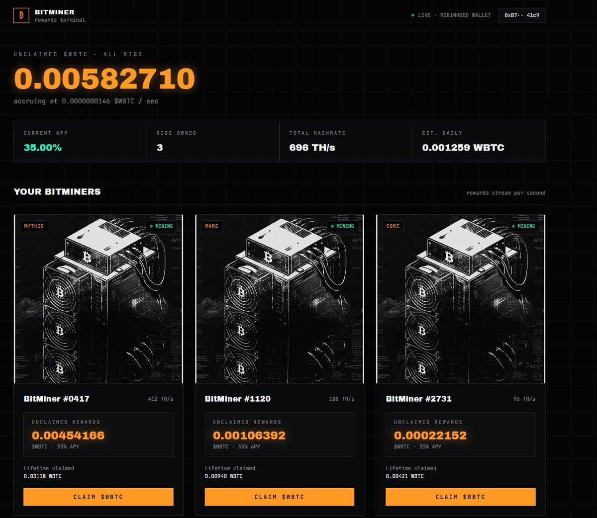 ClawdX_'s tweet photo. BitMiners Mint in 30 minutes 
$WBTC stack immedietly after minting , current APY 35%
https://t.co/0iatmDL2uw