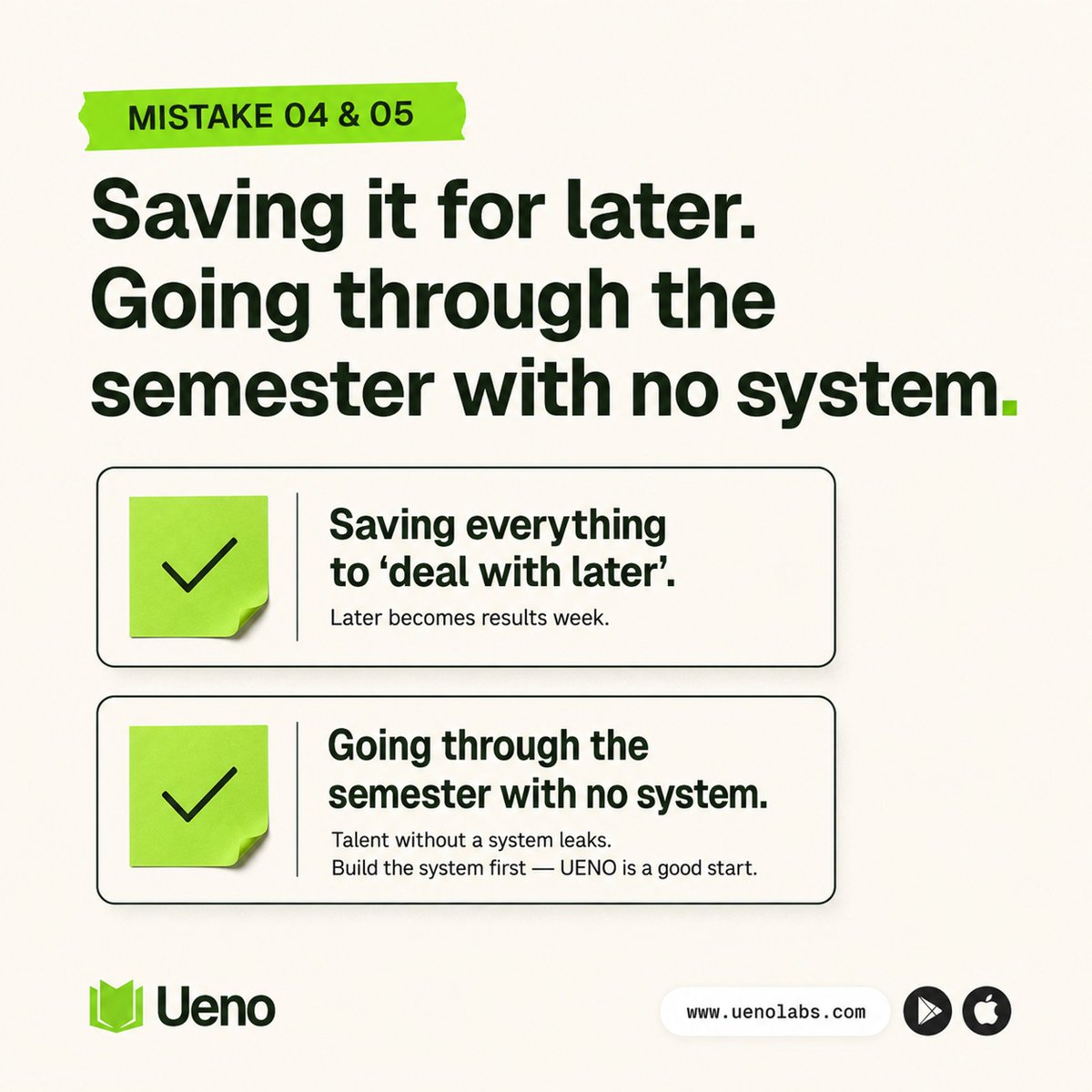 Useueno's tweet photo. If your academics aren't reflecting your efforts, what you need isn't more grind; what you need is a somber reflection.

Here are some mistakes Nigerian students stop need to making (lol)

#UENO #Uenolabs  #StudentExperience #EdTech #EducationInnovation #BuildingUENO https://t.co/WpPdLPlOvO