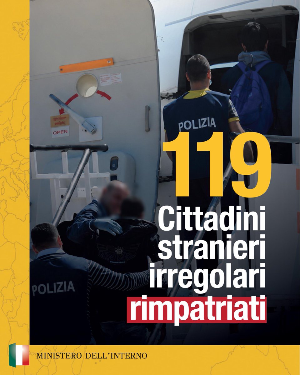 Piantedosim's tweet photo. Prosegue l’impegno sul fronte dei rimpatri. Altri 119 cittadini stranieri, irregolari in Italia, sono stati ricondotti nei loro Paesi di origine la scorsa settimana. https://t.co/9rhUUiKA7Y