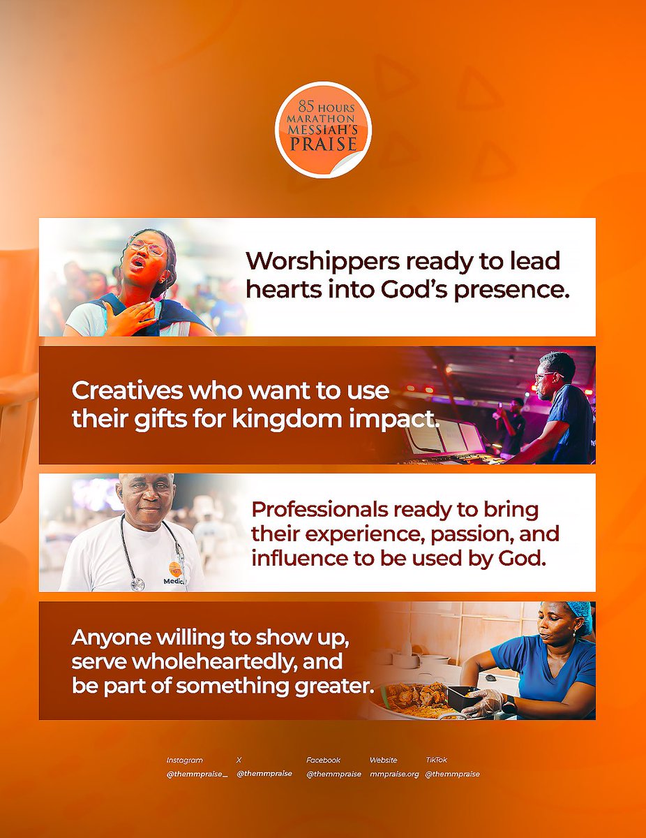 TheMMPraise's tweet photo. There’s a place for you at the 85 Hours Marathon Messiah’s Praise.

Whether you’re a worshipper, creative, professional, or simply someone willing to serve wholeheartedly, your gift, skill, and time can make a difference.

Register today at https://t.co/tKMnADhAwQ

#TheMMPraise https://t.co/tiMrI1fmkR
