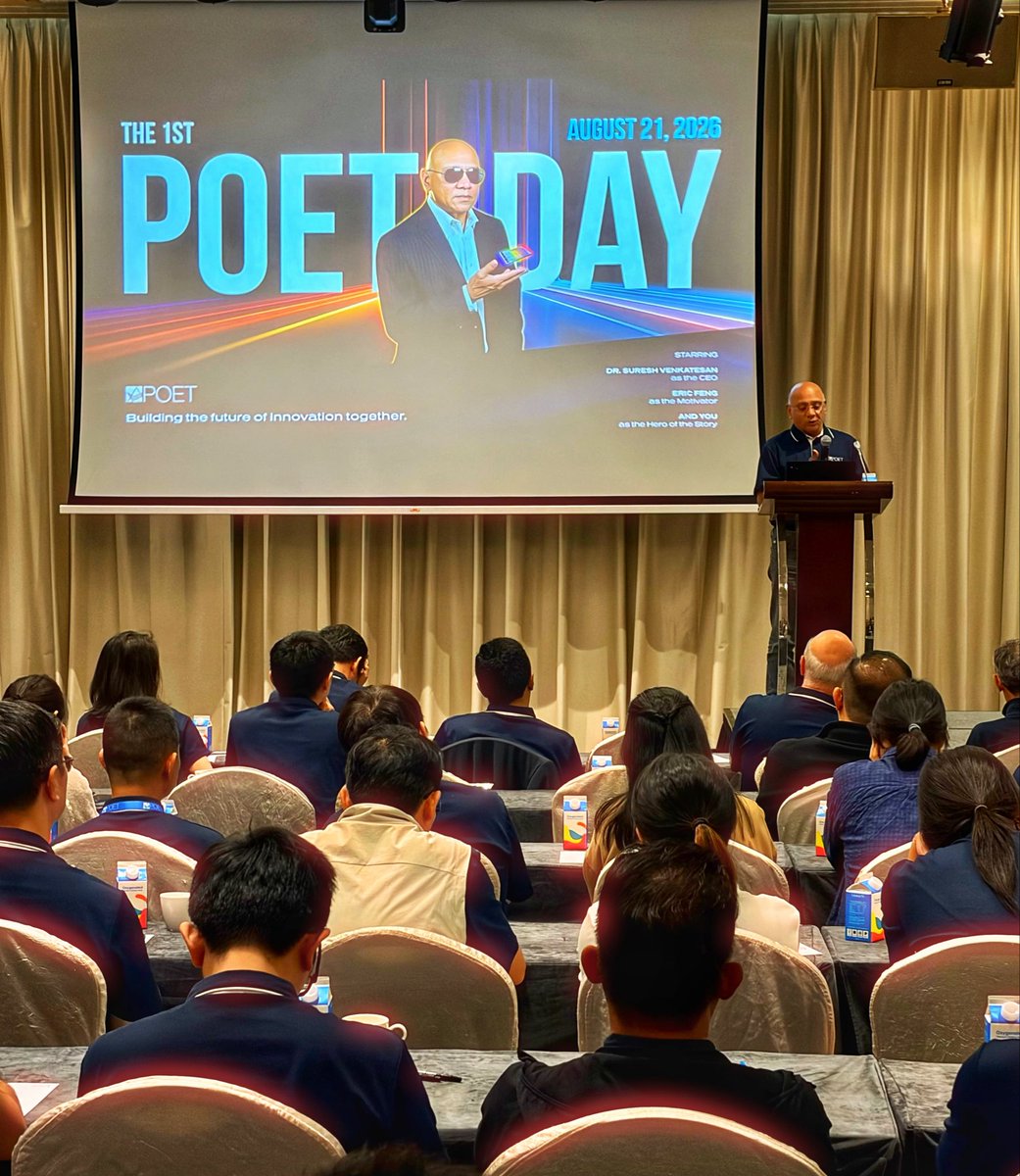POETtech's tweet photo. The 1st POET Technologies Day concluded in Singapore on Friday. The company’s entire global workforce of 155 staff and executives gathered to forge a path forward and with the intention to execute cohesively on the immense opportunities it has earned. Chairman & CEO Dr. Suresh Venkatesan presented his vision for the rest of the year and beyond during his address to the room.

#POETpowersAI