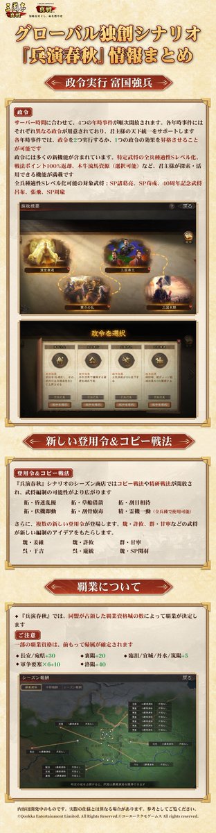 ShinSen_SGS's tweet photo. #三國志真戦 グローバル独創シナリオ
PKシーズン『#兵演春秋』情報まとめ📜

✅兵種を自由に改造できる #訓練場
✅個性あるバフ効果を提供できる #政令
✅編制の新たな可能性を拓く #登用令 #コピー戦法
✅全サーバーで無料配布される #40周年記念武将呂布
『兵演春秋』の独創コンテンツが盛り沢山！

※第一回の先行体験サーバーと比べて、40周年記念武将呂布が「#天威嘯陣」発動後、3回目の通常攻撃で獲得する「被ダメージ軽減効果」の武力の影響を受ける係数を上げました。
※内容は開発中のものです。実際の仕様とは異なる場合があります。参考としてご覧ください。

🎁シナリオ『兵演春秋』で、#一番期待している内容 をお聞かせください
コメント欄に投稿してくださった君主様の中から抽選で10名様に銀印×1+金貨布×1、20名様に【金銖ギフト箱（大）×1+贈り物・上品材料×1】を贈呈！