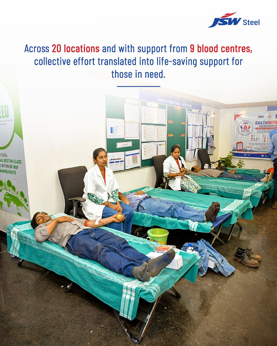 jswsteel's tweet photo. When many hands come together to help, every effort becomes a lifeline. Raktha-Mithra 2.0 brought together people across JSW’s verticals at Vijayanagar, with 3,535 units of blood donated in just 12 hours, turning a shared purpose into life-saving support for many.

#JSWSteel #InnovationIsAlwaysAround #RakthaMithra #Vijayanagar
