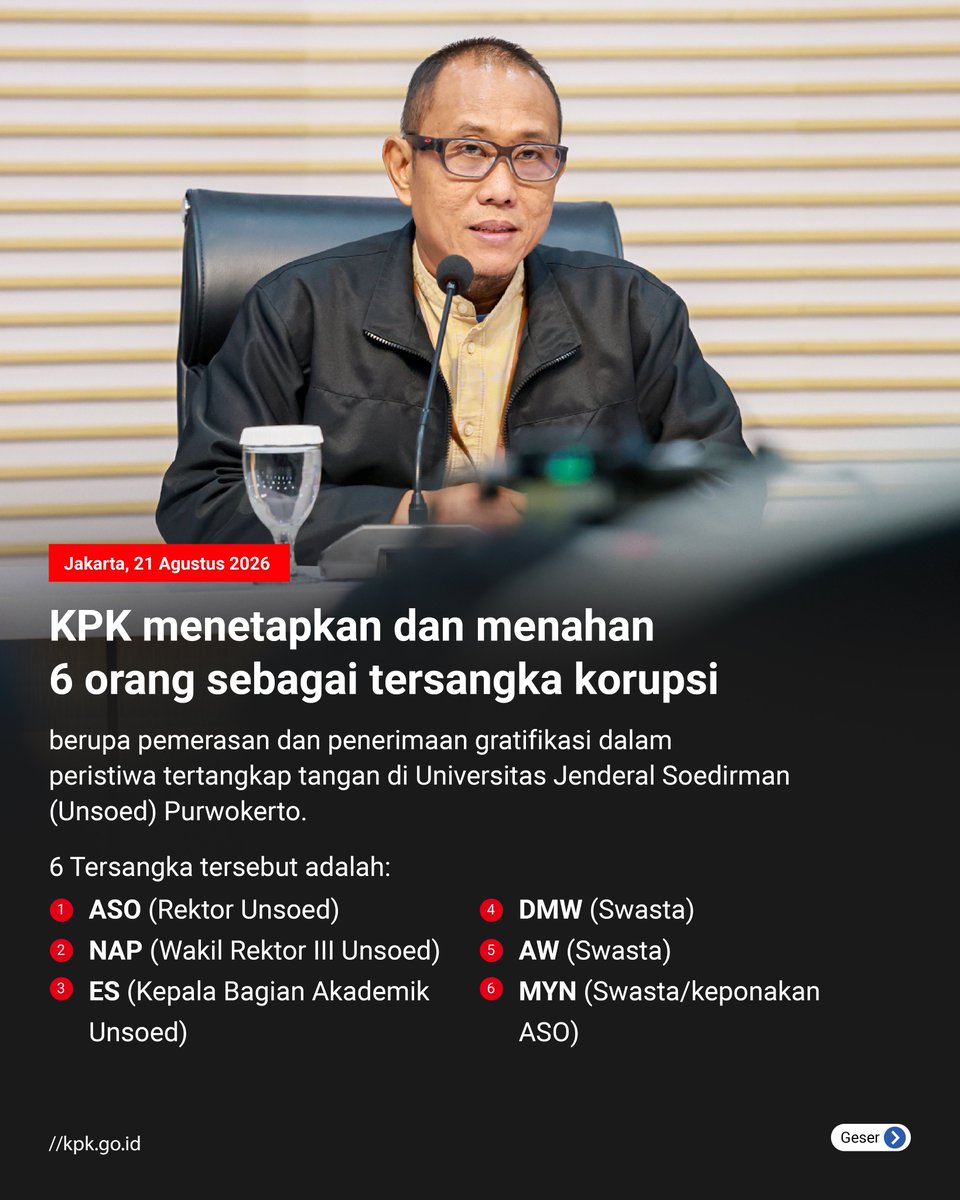 KPK_RI's tweet photo. Jakarta, 21 Agustus 2026
KPK menetapkan dan menahan ASO (Rektor Unsoed) dan 5 orang lainnya sebagai tersangka korupsi berupa pemerasan dan penerimaan gratifikasi dalam peristiwa tertangkap tangan di Universitas Jenderal Soedirman, Purwokerto. https://t.co/RXlGrxWNBj