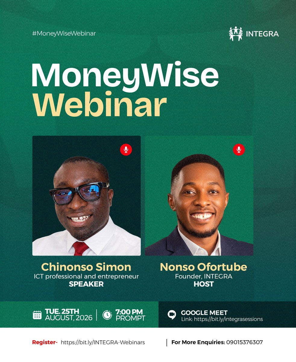 INTEGRA_NG's tweet photo. Your salary may stay the same. Your financial strategy doesn’t have to. 

MoneyWise is happening tomorrow, 25th August at 7PM WAT

Come learn how to make smarter money decisions.

👉🏾 Register here:
 https://t.co/A3d0R9wIx0

 #MoneyWise #INTEGRA https://t.co/O43bqLfFyc