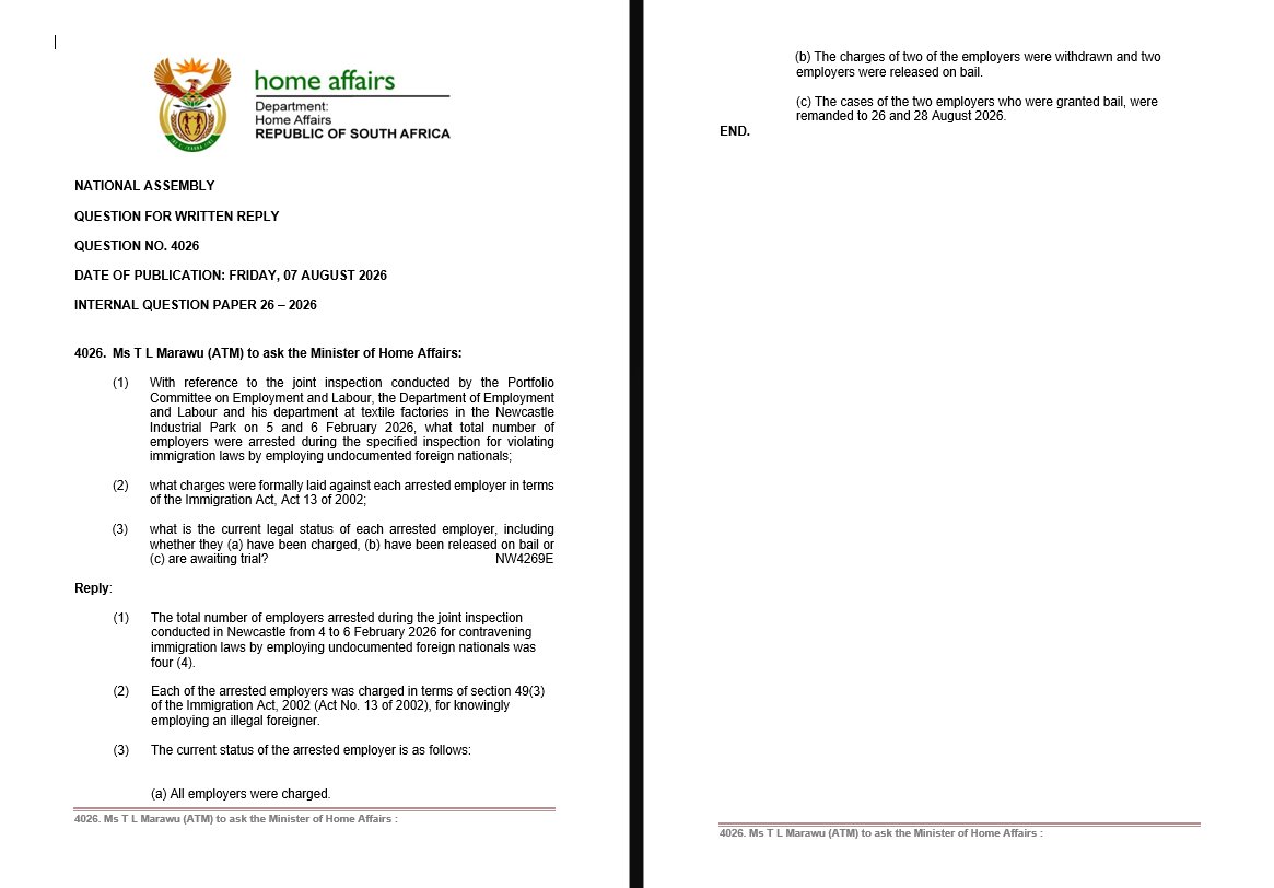 ATMovement_SA's tweet photo. Four employers arrested. Two charges withdrawn. Two released on bail.

Is the Minister of @HomeAffairsSA enforcing immigration law, or simply ticking boxes with inspections and arrests without following through?

Minister @Leon_Schreib , what happens after the cameras leave?

#ATMInParliament