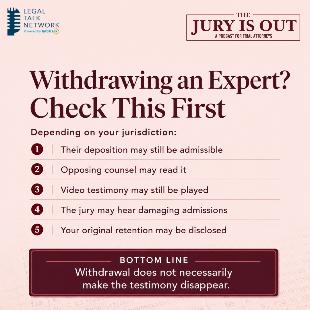 LegalTalkNet's tweet photo. 🧨 Your Expert Can Backfire
Deposition performance can reshape your entire trial strategy.
🎧 Learn how to vet experts before trial: https://t.co/Dmwtvl3GiA
Keep practical litigation strategy in your feed.
#TrialLawyers #ExpertWitnesses #LitigationStrategy #TrialAdvocacy https://t.co/QgcPdHkUqk