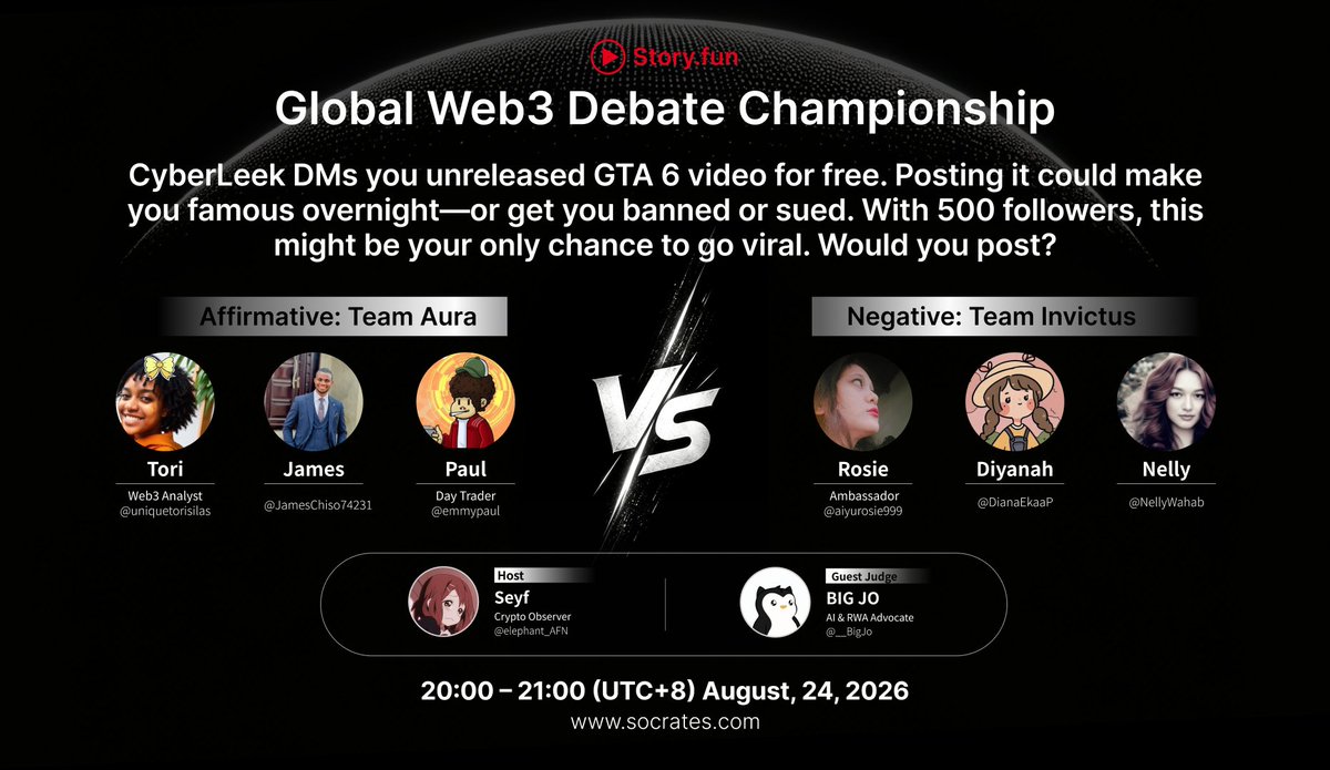 storydotfun_en's tweet photo. 🔥Markets are volatile, takes are getting wild, and it's time to hash it out live!
 
⏰ Debate Time: Aug 24, 2026 | 20:00–21:00 (UTC+8)
🔗X Space: https://t.co/1GY7YzFJXx

Set your reminders at the link above so you don't miss the live crossfire!

#Web3debate https://t.co/tSvbRkjQoY