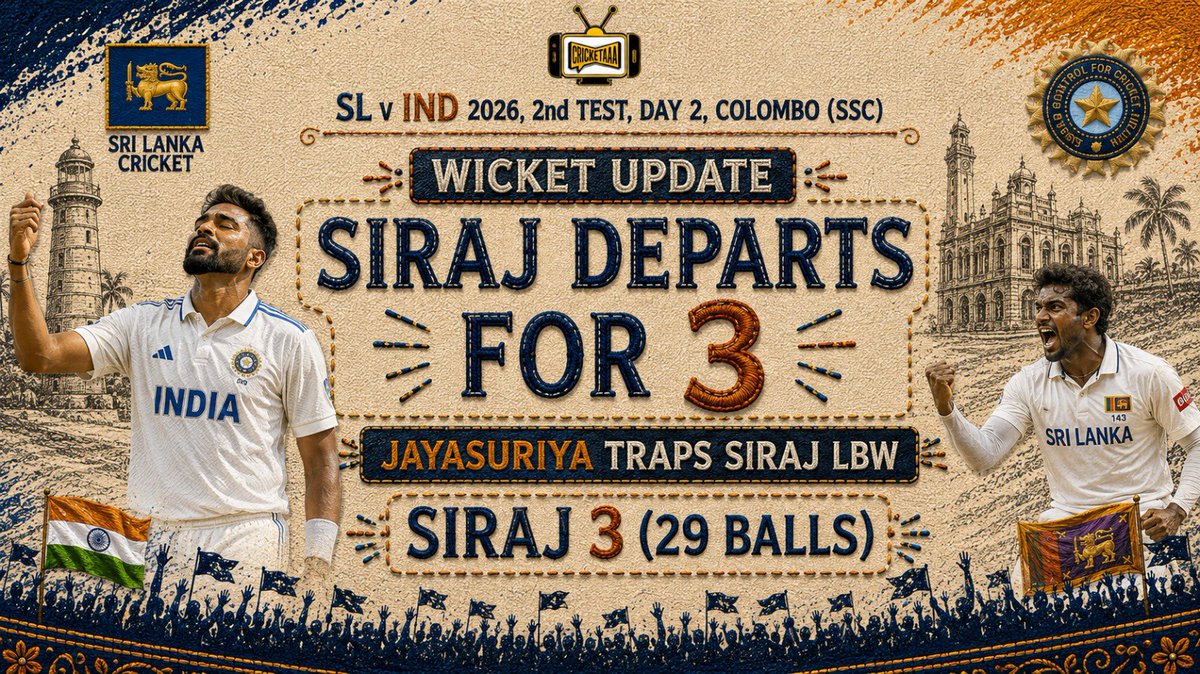 cricketaaaaaa's tweet photo. WICKET! 🚨

Mohammed Siraj is trapped LBW by Prabath Jayasuriya and departs for 3.

India lose their ninth wicket in the Sri Lanka vs India Test. 

#SriLankaVsIndia #INDvsSL #MohammedSiraj #PrabathJayasuriya #TeamIndia #Cricket #TestCricket #WicketUpdate #INDvSL https://t.co/KmMWPkcTQU