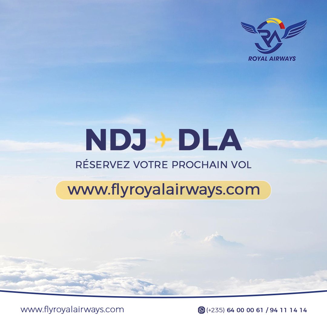 Royalairwaystd's tweet photo. 🇹🇩✈️🇨🇲 N’Djamena – Douala en vol direct.

Avec Royal Airways :
📅 Lundi à midi &amp; vendredi après-midi
🧳 30 kg de bagages en soute inclus

Réservez sur https://t.co/1pQ2r1yJse ou auprès de nos agences partenaires.

#RoyalAirways #Douala #Ndjamena #VolDirect #Tchad #Cameroun https://t.co/nTza35JHd3