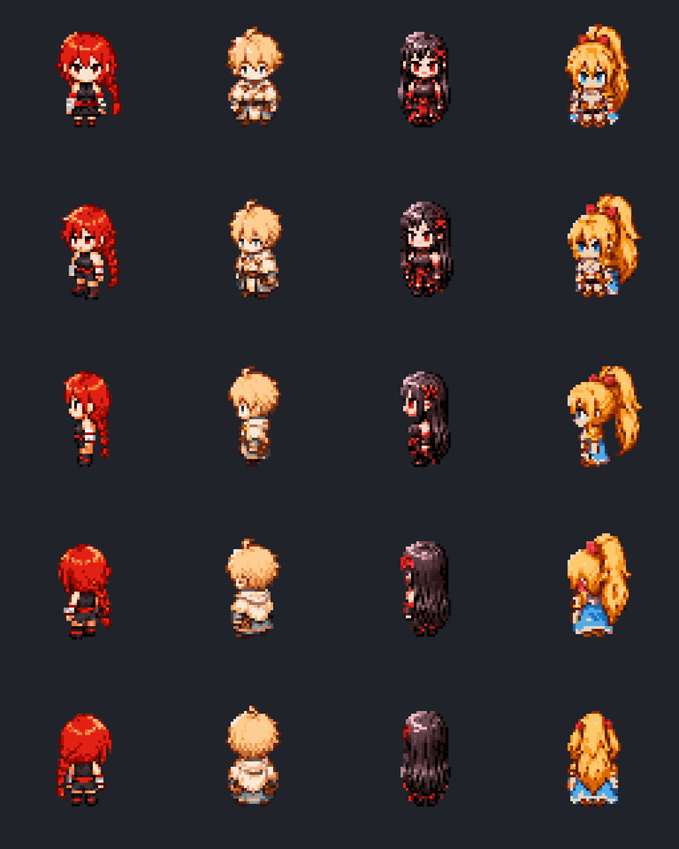 Ryan_N0p3's tweet photo. Spent the past two days finishing three more character sheets, integrating their directional idle/walk sprites, locking the first party’s silhouettes and palettes, and starting Springgrove’s first terrain tiles. Keeping the characters mysterious for now. WIP. #indiedev #pixelart https://t.co/Svf0PlXi1h
