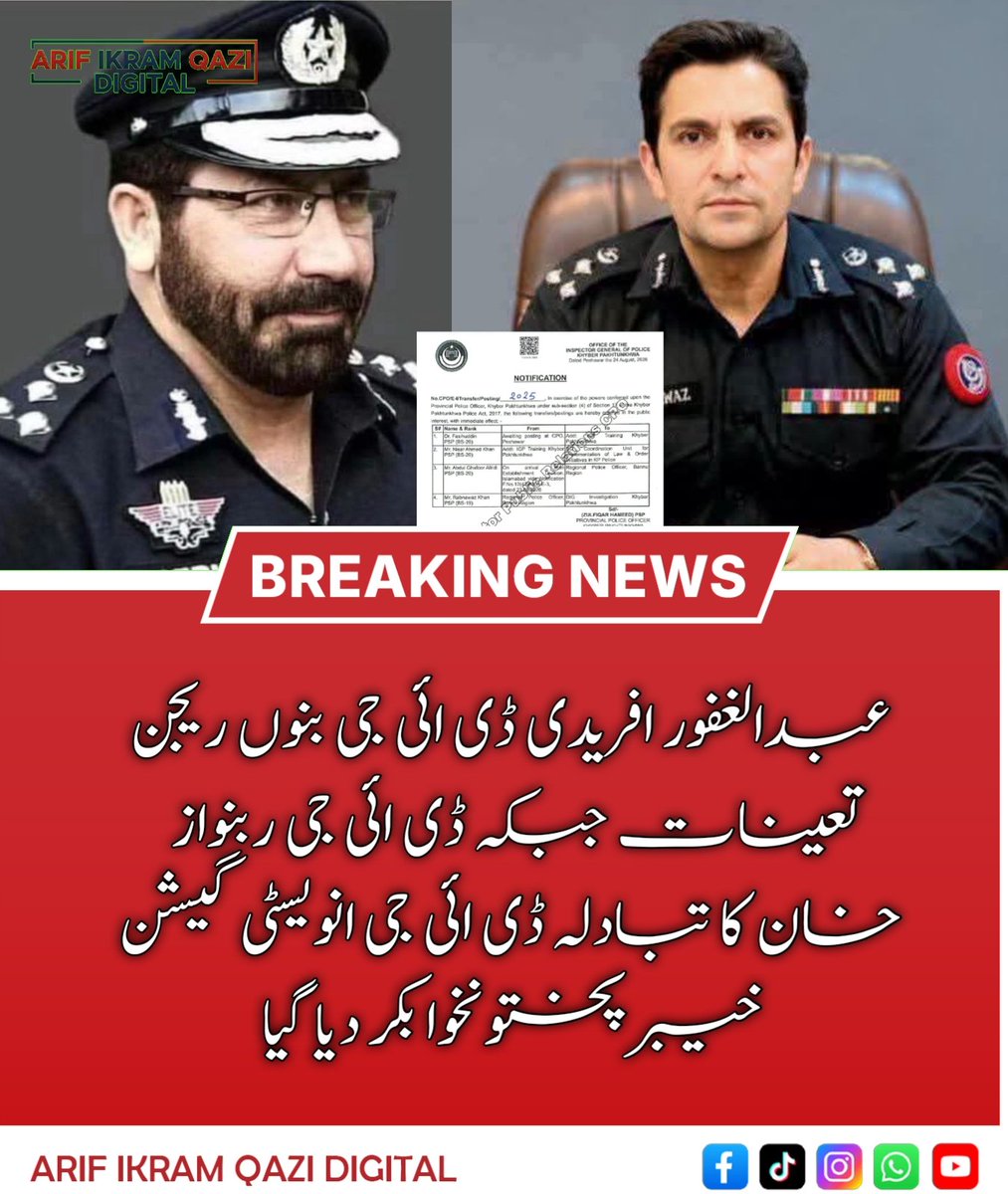 QaziArifIkram's tweet photo. عبدالغفور افریدی ڈی ائی جی بنوں ریجن تعینات جبکہ ڈی ائی جی ربنواز خان کا تبادلہ ڈی ائی جی انویسٹی گیشن خیبرپختونخوابکر دیا گیا

#posting #transfer #igkp #dig #bannu https://t.co/4JQpllqt73