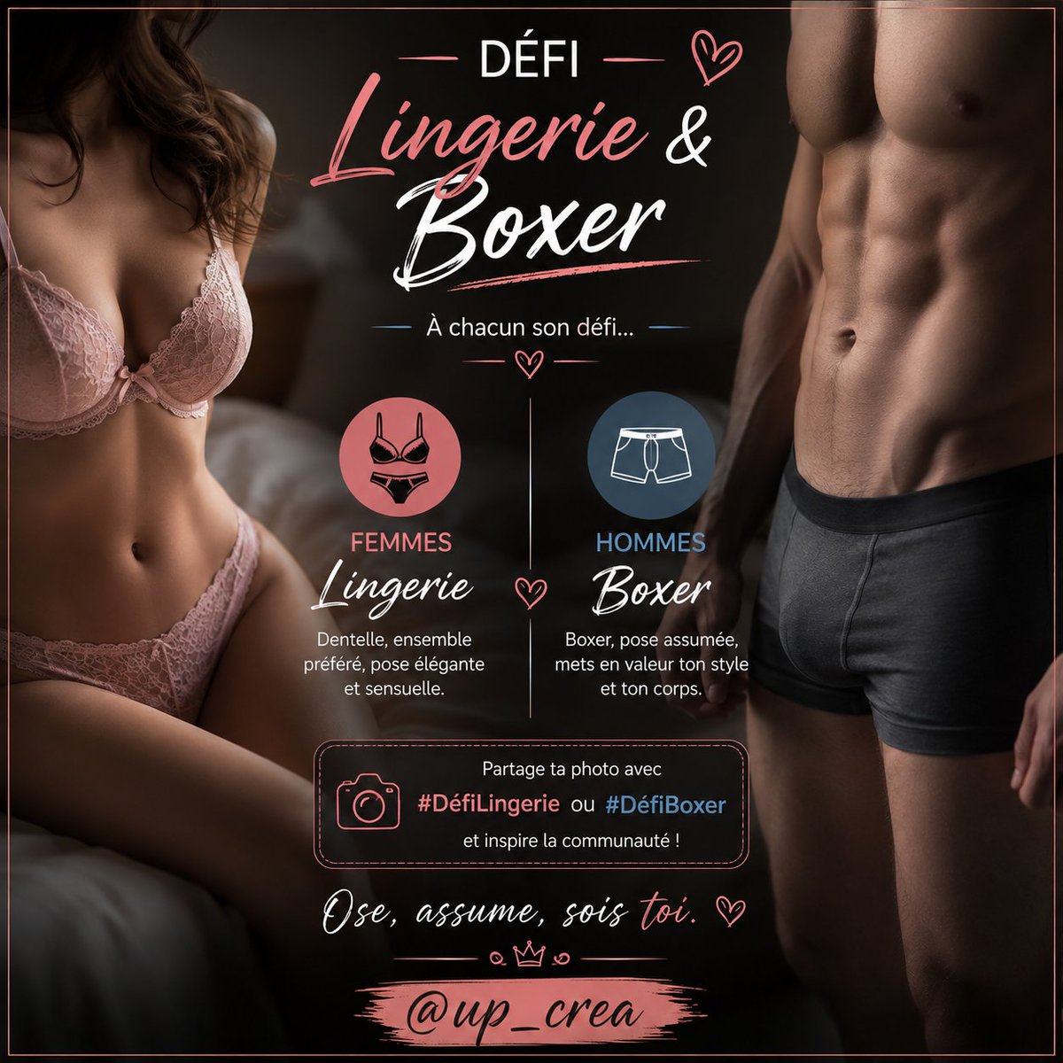 up_crea's tweet photo. 🔥 Nouveau défi ! 🔥

👙 Lingerie pour elles, 🩲 boxer pour eux !
Choisis ta plus belle tenue, assume ton style et révèle ta sensualité. 😏❤️

Avec la belle @PiedsdeCha 

Ose, assume… et partage !
#DéfiLingerie #DéfiBoxer

@nofacemodele https://t.co/t5yyNvwqXy