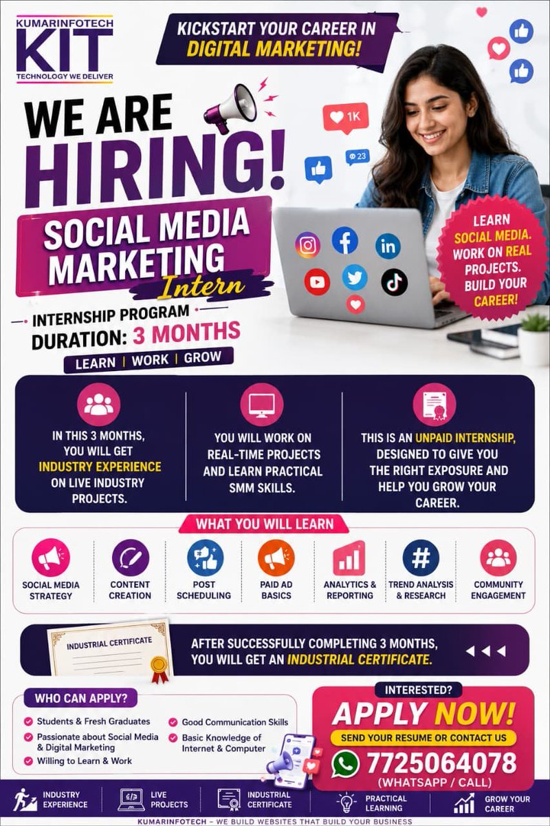 kumarinfotech20's tweet photo. 📱 Interested in Social Media Marketing?

Kumarinfotech is hiring an SMM Intern for a 3-month internship covering content, social media strategy, scheduling, analytics, paid ads basics &amp; community engagement.

📲 7725064078

#DigitalMarketing #SMM https://t.co/WSN1kG0gwD