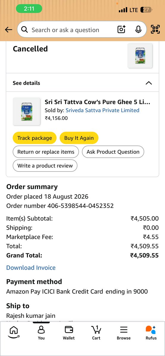 nehaljain_123's tweet photo. 🚨 @amazonindia This is the 2nd time this has happened!

I ordered 5 kg of ghee 4200/-, but received just one 0.5 kg bottle of honey and hair oil instead. 😡

@amazon 
How can such a major packing/delivery error happen repeatedly?

Please investigate and resolve this issue. https://t.co/ck6oD7jwbF
