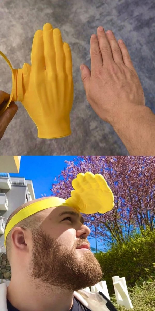 TacitusChrono's tweet photo. A giant hand sun visor. Weirdly fun, and somehow it actually works. https://t.co/MD3mcfximo