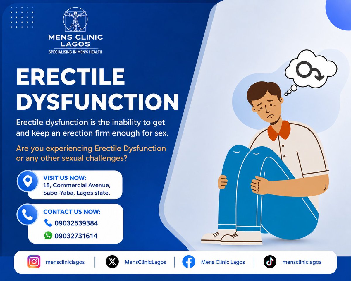 MensClinicLagos's tweet photo. Struggling with erectile dysfunction? You’re not alone, and you don’t have to suffer in silence. Get professional, confidential care at Men’s Clinic Lagos.

Visit us at:📍No 18, Commercial Avenue  Sabo-Yaba, Lagos
📞 09032539384 | WhatsApp: 09032731614
#MensClinicLagos
#Health https://t.co/2Ty8blfvEb