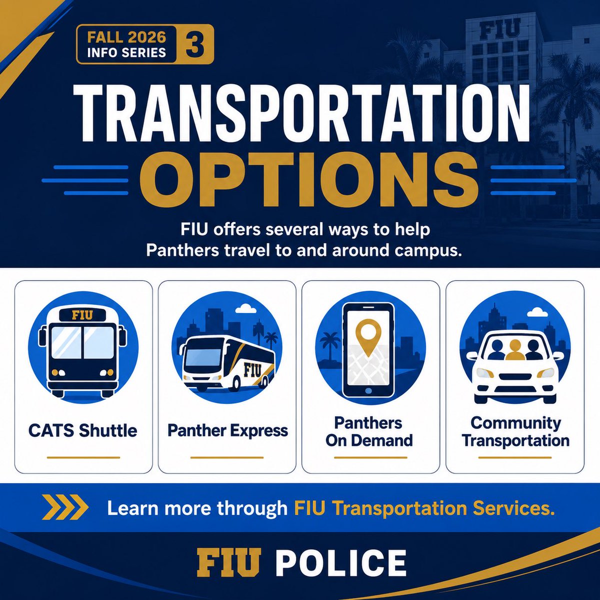 FIUPOLICE's tweet photo. Welcome to the Fall 2026 semester, Panthers! 🐾💙💛

Plan ahead, allow extra travel time and review parking and transportation options before arriving on campus.

🚨 Police Emergency: 305-348-5911
📞 Police Non-Emergency: 305-348-2626
📍 FIU Police Department: PG5 https://t.co/kq552w4TPP