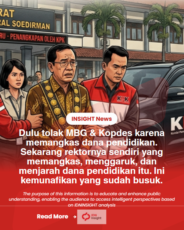 IDNInsight's tweet photo. 📍Dulu tolak MBG & Kopdes karena memangkas dana pendidikan. Sekarang rektornya sendiri yang memangkas, menggaruk, dan menjarah dana pendidikan itu. Ini kemunafikan yang sudah busuk.

Rektor Unsoed, Akhmad Sodiq, wakil rektornya, kepala akademik, keponakan, plus calo swasta, ditangkap KPK. 

Dugaan pemerasan dan gratifikasi penerimaan mahasiswa baru jalur mandiri:
- Ada yang diperas Rp650 juta biar anaknya masuk Fakultas Kedokteran. 
- Ada yang terima kasih ratusan juta. Uangnya dibelikan tanah atas nama keponakan. Total sitaan sekitar Rp764 juta. Enam tersangka. Selesai.

Dua bulan sebelumnya, orang yang sama berdiri di depan mahasiswa dengan wajah penuh semangat integritas, membacakan pernyataan tolak keras MBG dan Kopdes karena memangkas dana pendidikan dan merugikan rakyat. 

Mahasiswa berteriak. Rektor ikut berteriak. Sekarang dana pendidikan di kampusnya sendiri yang dipotong, digaruk, dan dikorupsi. 

Mahasiswa? Hampir sepi. Suara yang dulu lantang, sekarang tiba-tiba serak dan hilang.

Satu per satu kepingan puzzle terbuka, Dosen UGM kena kasus, UI punya drama internal, sekarang Unsoed tidak mau kalah dan ketinggalan. 

Seolah ada kompetisi tahunan, siapa paling jago mengutip di pintu masuk kampus. 

Dan yang paling menyakitkan, ini terjadi di penerimaan mahasiswa baru. Makanya jangan heran kalau uang pangkal sering terasa tidak realistis dan seperti merampok. Orang tua sudah diperas di luar UKT resmi, anaknya belum tentu diterima, uang diminta kembali pun harus berjuang lagi.

Pertanyaan yang harus dijawab tanpa basa-basi
- Kenapa mahasiswa dulu begitu berapi-api demo tolak program yang mengancam dana pendidikan, tapi sekarang relatif diam ketika rektor sendiri yang mengancam dan mengorupsi dana pendidikan itu?
- Apakah demo hanya seru kalau targetnya pemerintah pusat? 
- Apakah korupsi di kampus sendiri terlalu dekat, terlalu menguntungkan, atau terlalu berbahaya untuk diganggu?

Pendidikan tinggi kita sedang mempertunjukkan drama murahan tingkat tinggi, moral tinggi di panggung, transaksi di belakang meja. Puzzle sudah hampir lengkap. 

Yang belum jelas hanya satu, sampai kapan penontonnya masih pura-pura tidak mengerti dan memilih isu yang aman.