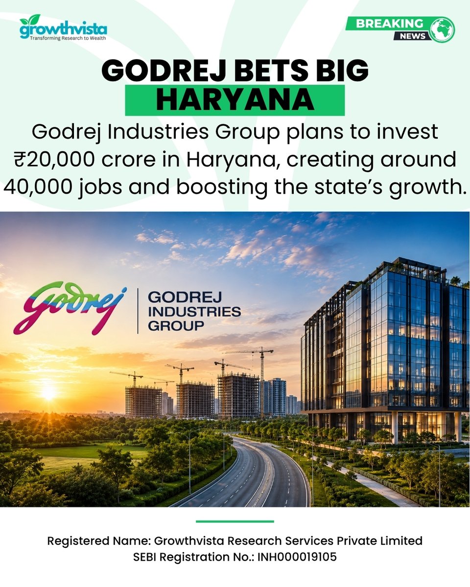 Growthvistaa's tweet photo. Big expansion ahead for Godrej as Haryana gets a ₹20,000 crore investment boost, with thousands of new jobs expected across the state. 🚀

#Godrej #Haryana #BusinessNews #Investment #MarketUpdates #stockmarket 

Disclaimer: https://t.co/ZGhMpPvEfP https://t.co/Ni8zgqfBlP